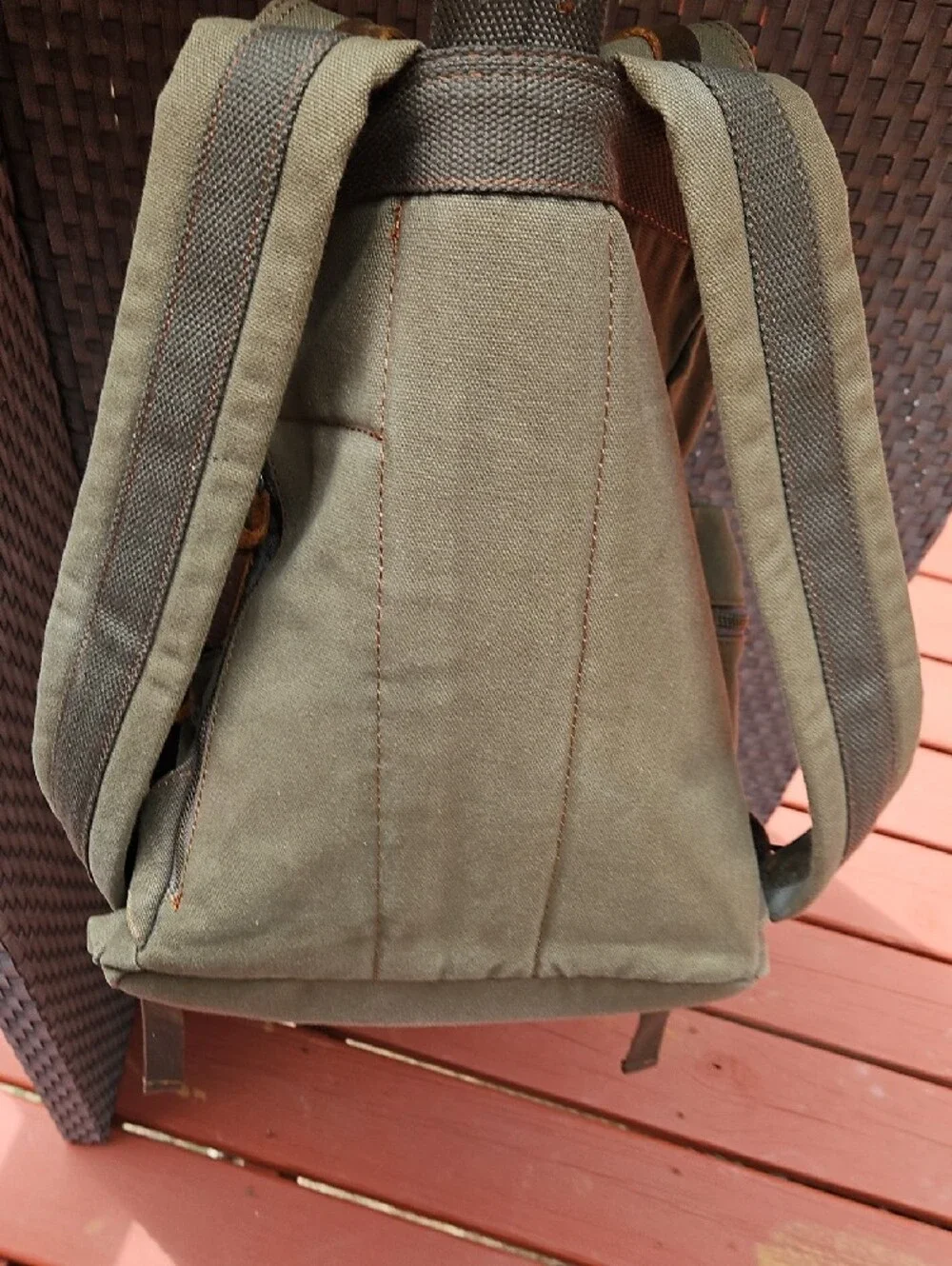 Khaki Canvas Backpack with Brown Leather Trim